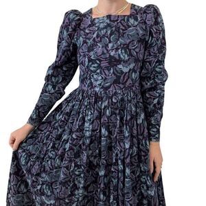 Vintage 1990s Laura Ashley Blue Purple Floral Velvet Puff Sleeve Maxi Dress Sz M